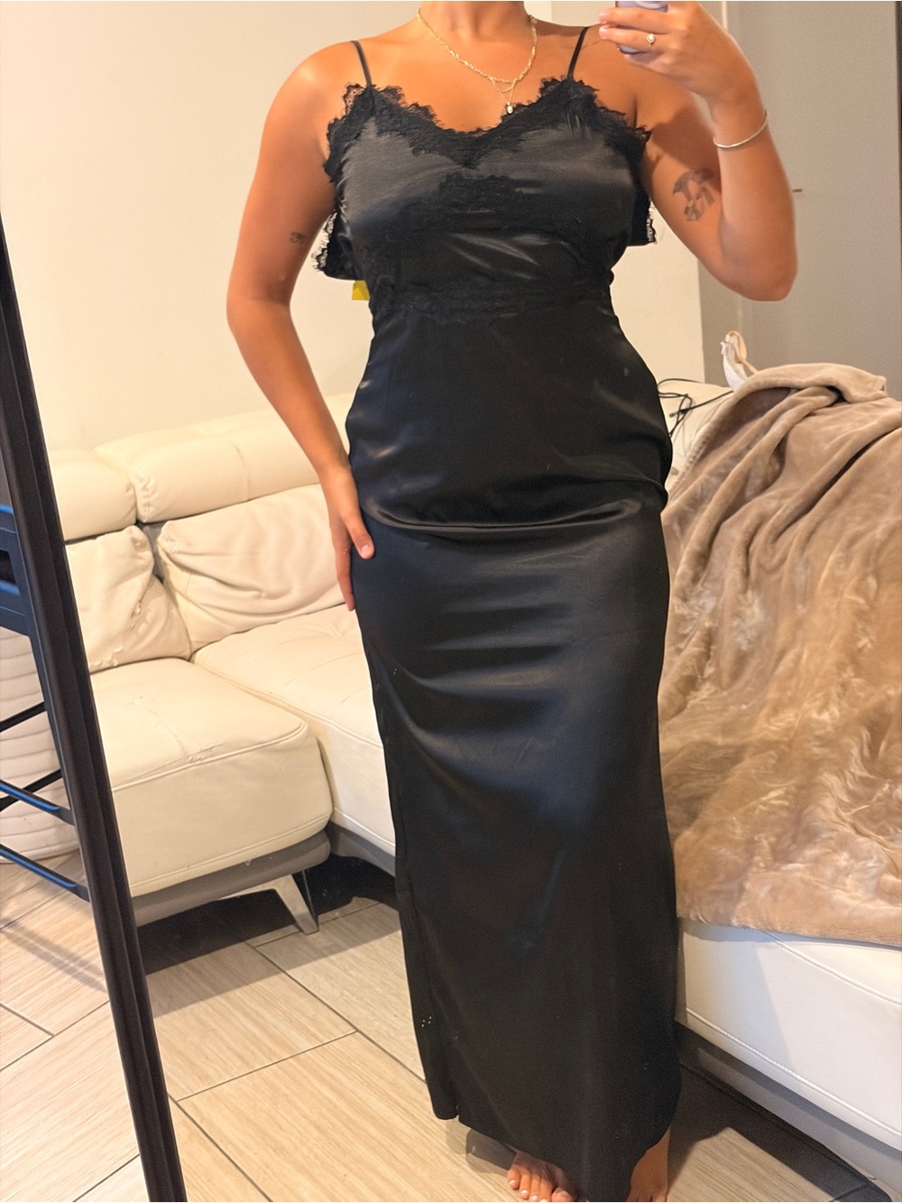 Black Lace-Trim Slip Dress - Women's Evening Dress or Loungewear